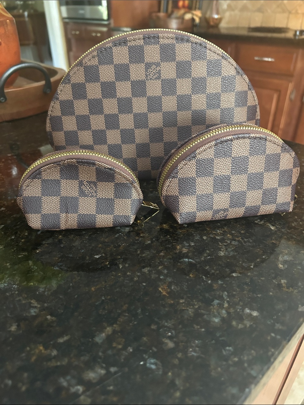 Brown Check Canvas Cosmetic Pouch Set LV style